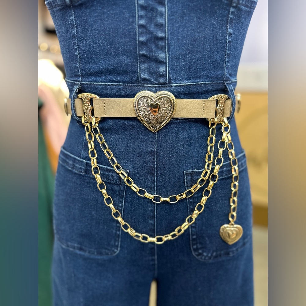 New! Taupe Gold Heart Concho Chain Belt – Western Drape Statement Accessory